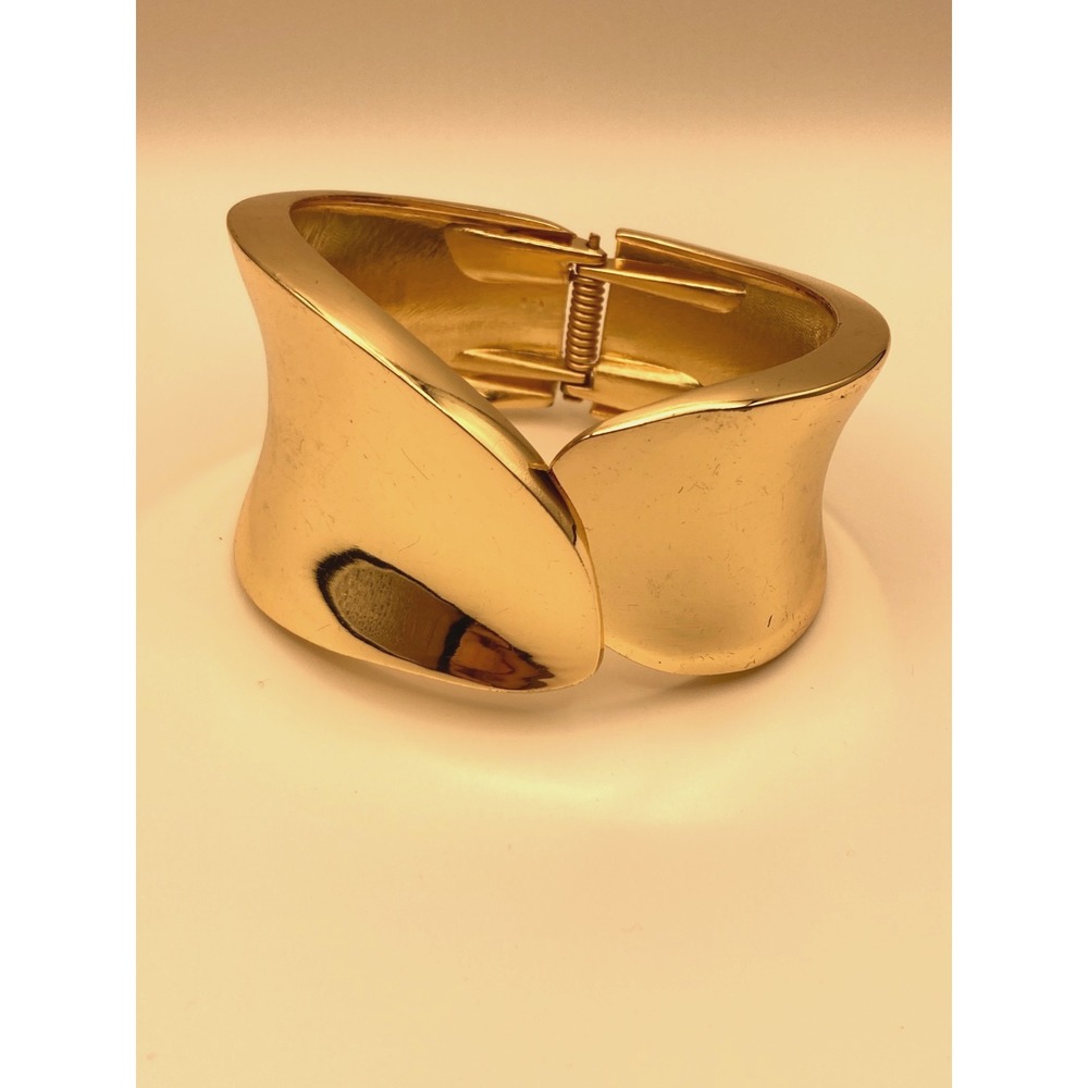 Gold Tone Wide Hinged Cuff Bracelet Sculptural Overlap Statement Avant Garde